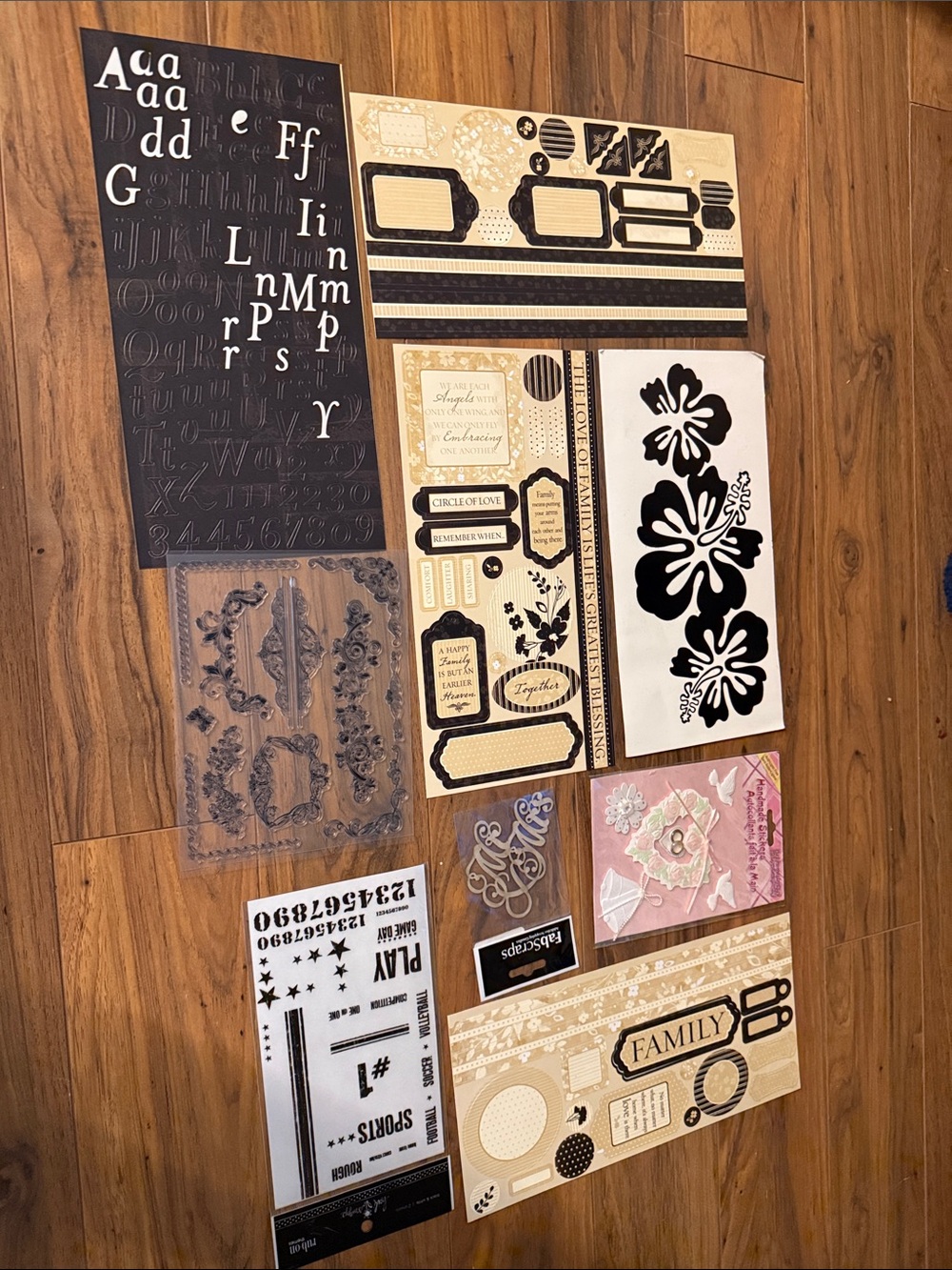 VTG Assorted Scrapbooking Stickers and Clear Stamps - Black, White, Beige, Pink